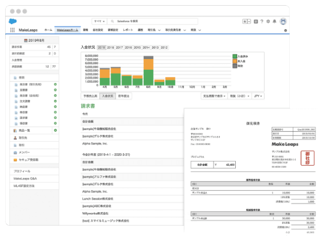 MakeLeaps for Salesforce画面と作成された請求書